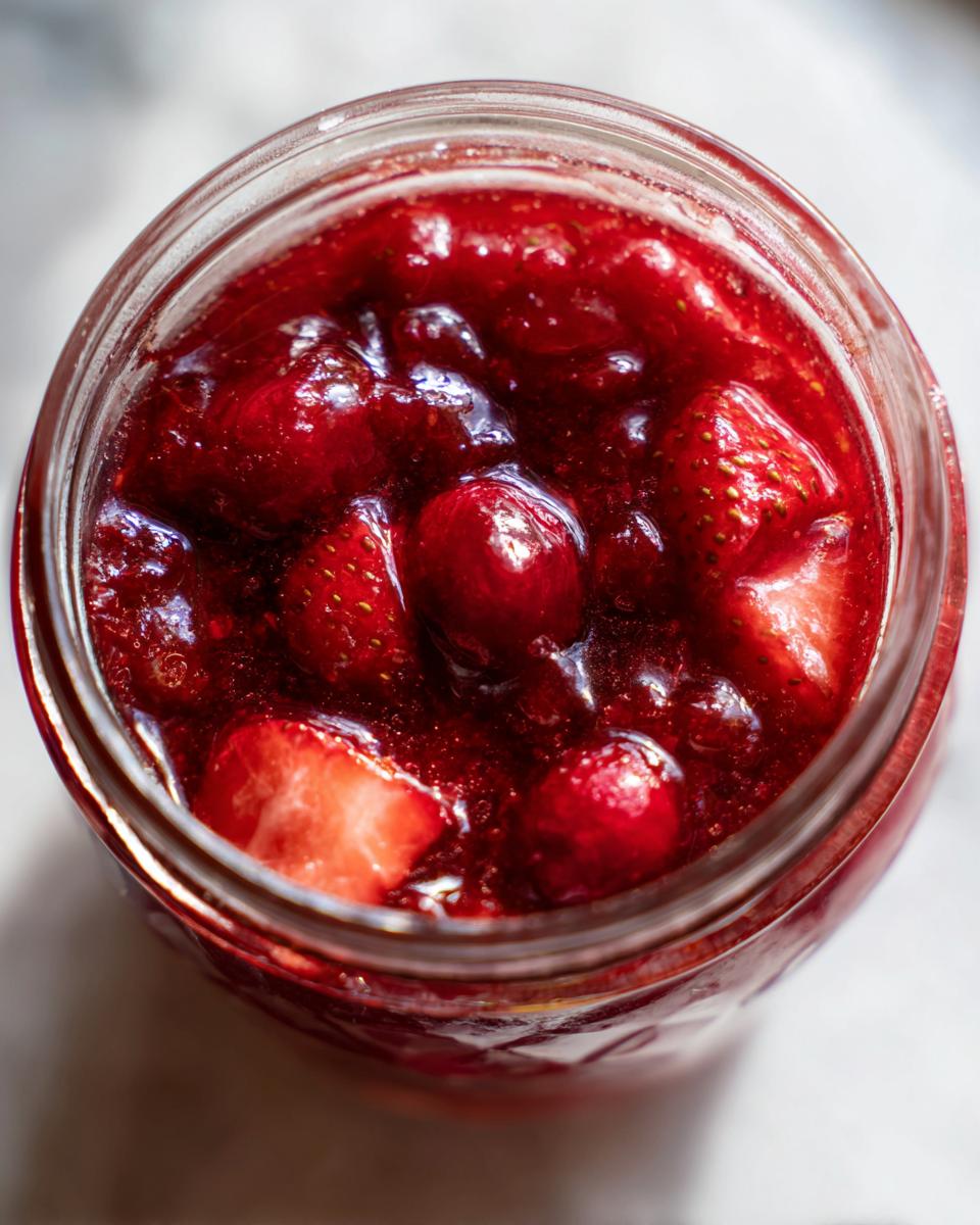 Overhead view of vibrant red strawberry and cranberry christmas jam filling a glass jar.