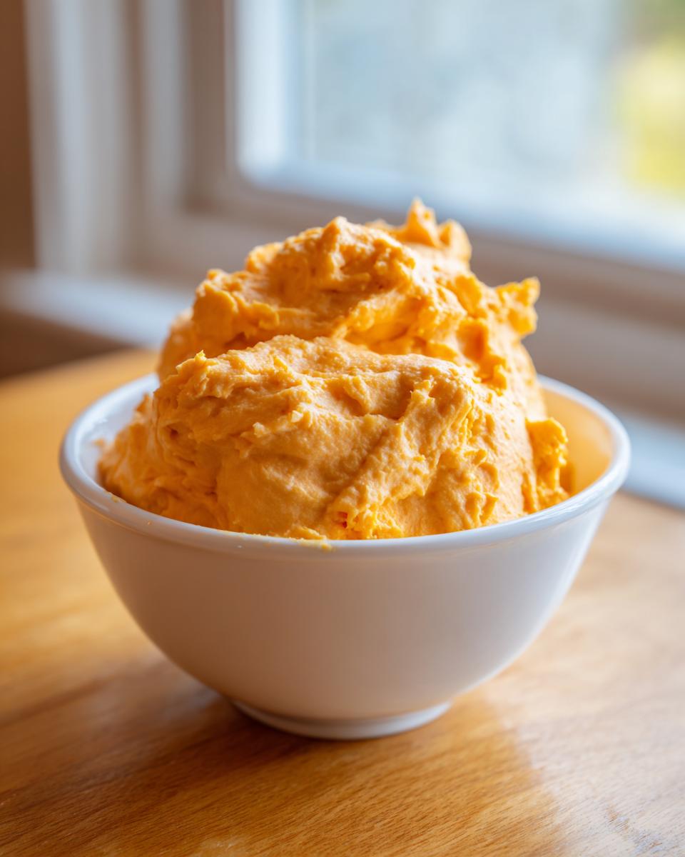 A white bowl filled high with bright orange, fluffy pumpkin fluff dessert sitting on a wooden table near a window.