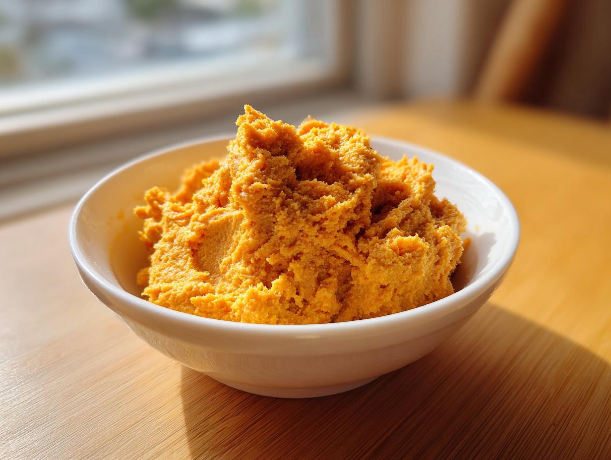 A white bowl filled with bright orange, fluffy pumpkin fluff dessert, sitting on a wooden surface near a window.