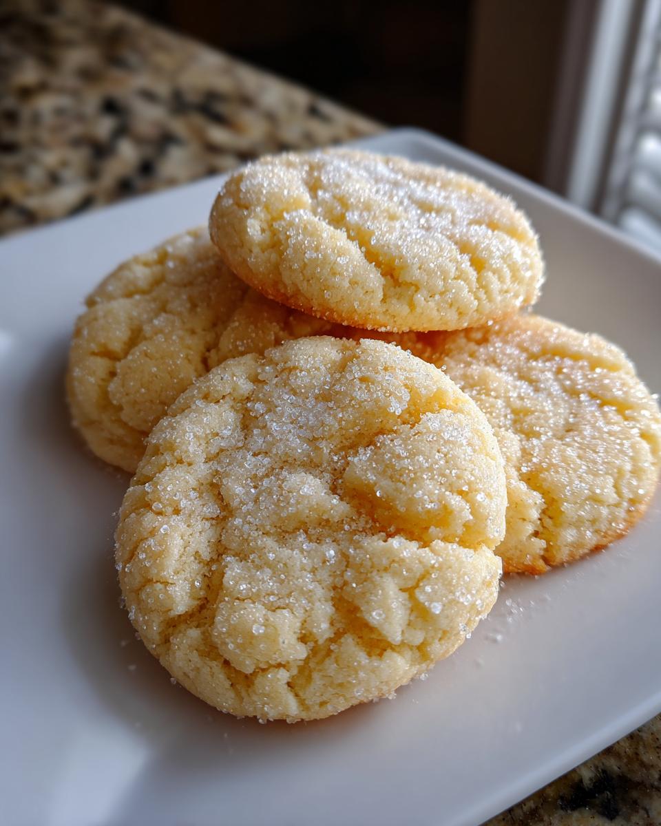 Four golden-baked butter cookie rounds generously coated in sparkling granulated sugar, stacked on a white plate.