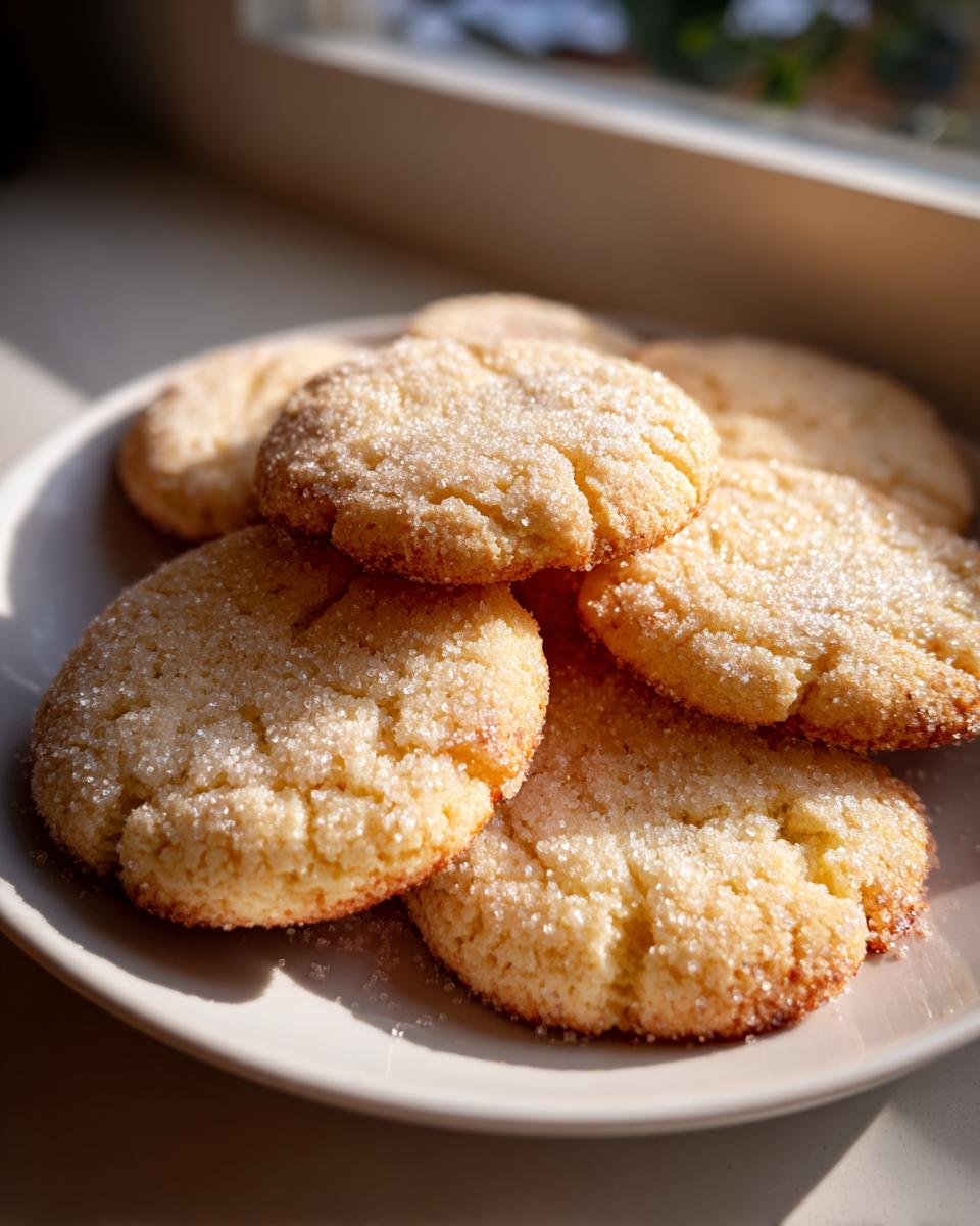 A stack of golden, slightly cracked butter cookie treats generously coated in sparkling sugar, sitting on a light plate.