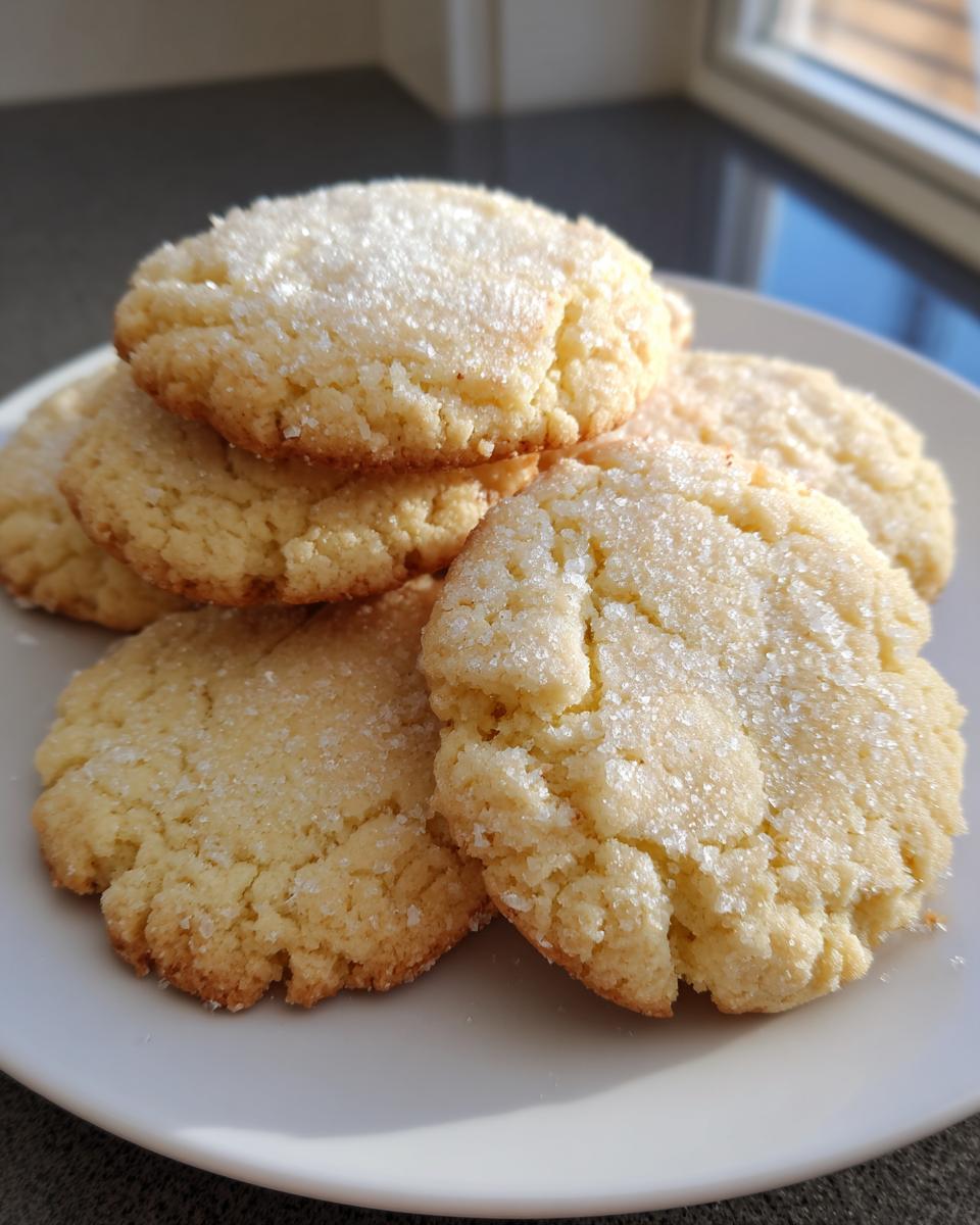 A small stack of freshly baked, golden butter cookie treats generously coated with sparkling granulated sugar.