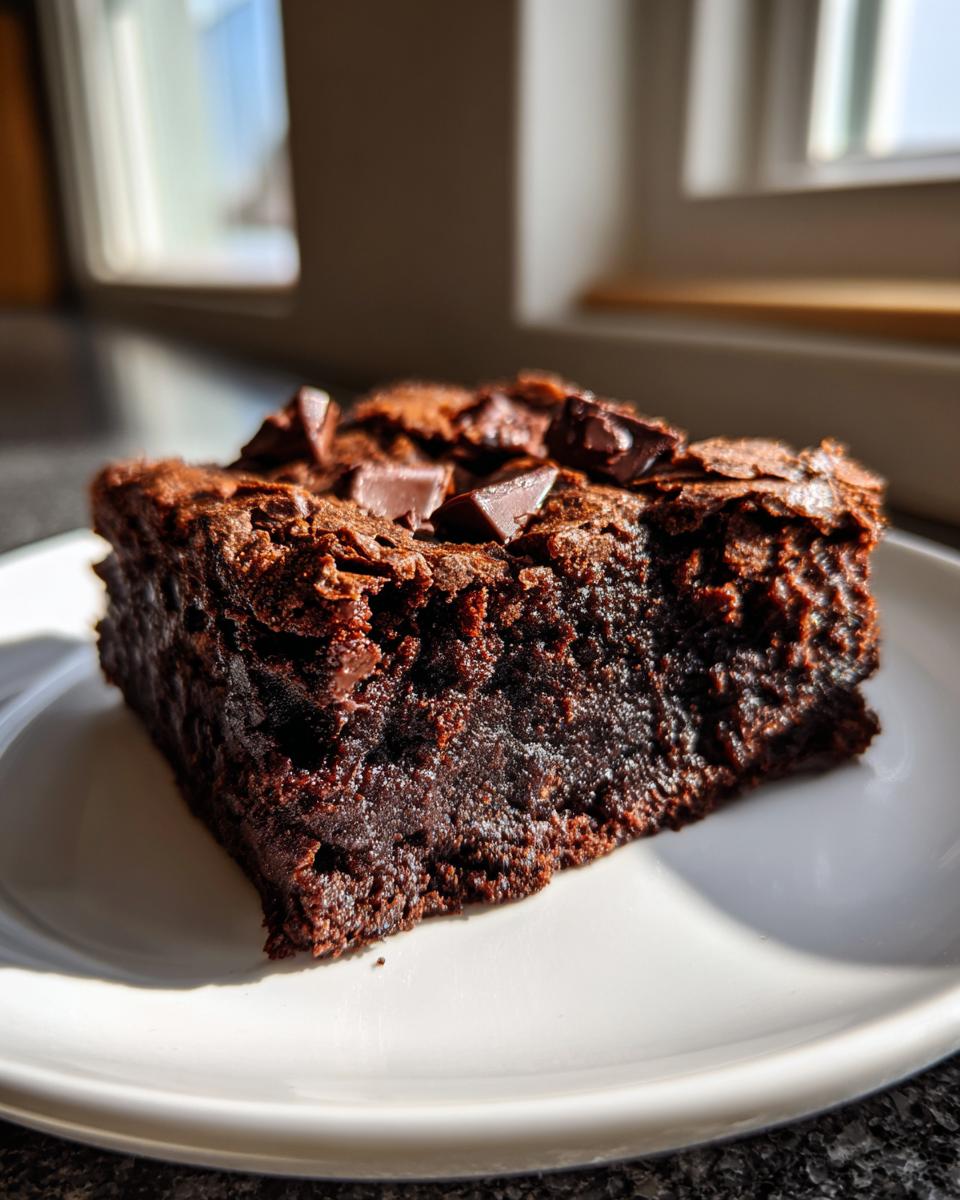 A close-up, decadent slice of moist sweet potato brownies topped with chocolate chunks, sitting on a white plate.