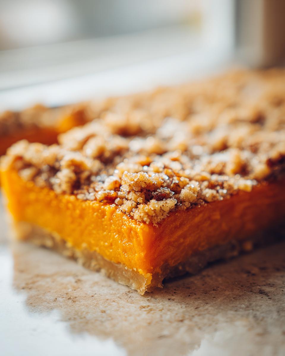 A close-up side view of a rich orange sweet potato casserole bar topped with a sugary, crunchy pecan crumble.