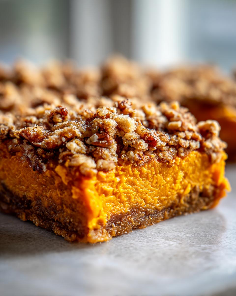 Close-up of a rich orange sweet potato casserole bar with a thick, crumbly pecan topping.