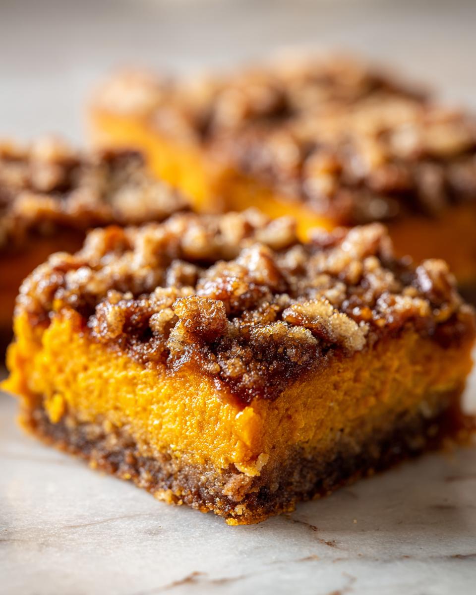 A close-up of a square slice of sweet potato casserole bar featuring a bright orange filling and a thick, brown sugar pecan streusel topping.