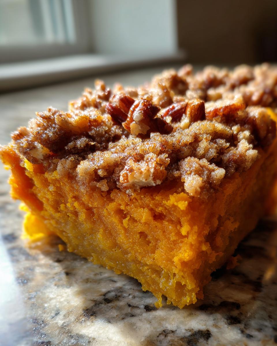 A close-up, macro shot of a square serving of bright orange sweet potato casserole topped with a crunchy pecan streusel.