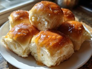 Close-up of several fluffy, golden Texas Roadhouse rolls stacked on a white plate, heavily glazed with honey butter.
