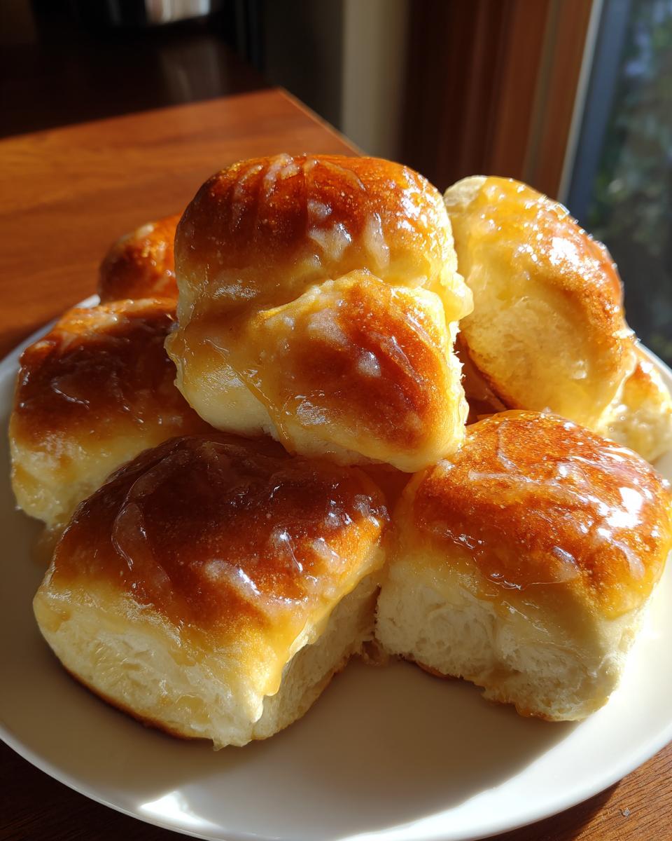 A stack of freshly baked, golden-brown Texas Roadhouse rolls covered in a sweet, shiny honey butter glaze.