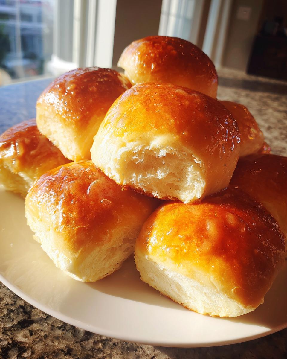 A stack of freshly baked, golden brown Texas Roadhouse rolls with a shiny honey butter glaze.