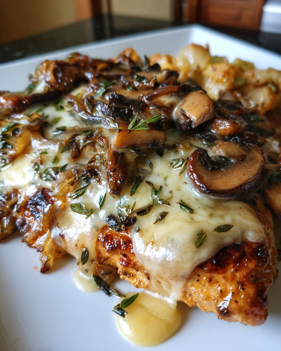 Close-up of Texas Roadhouse smothered chicken topped with melted white cheese, sautéed mushrooms, and fresh thyme.