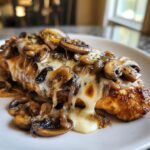 Close-up of Texas Roadhouse smothered chicken topped with melted white cheese, sautéed mushrooms, and onions.