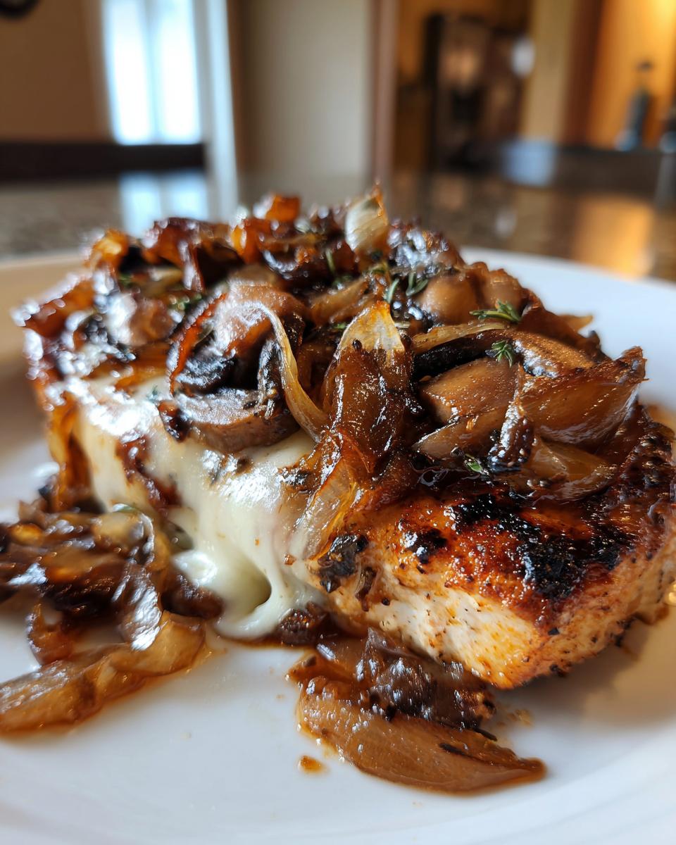 Close-up of grilled chicken breast topped with melted white cheese and caramelized onions for Texas Roadhouse smothered chicken.