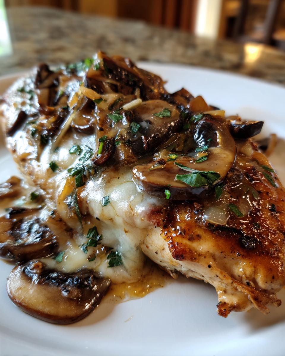 Close-up of a juicy Texas Roadhouse smothered chicken breast topped with melted white cheese and sautéed mushrooms.