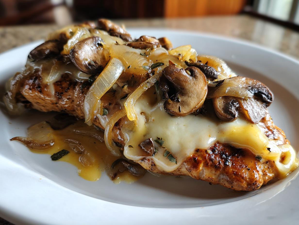 Close-up of grilled chicken breast topped with melted white cheese, sautéed onions, and mushrooms, mimicking Texas Roadhouse smothered chicken.