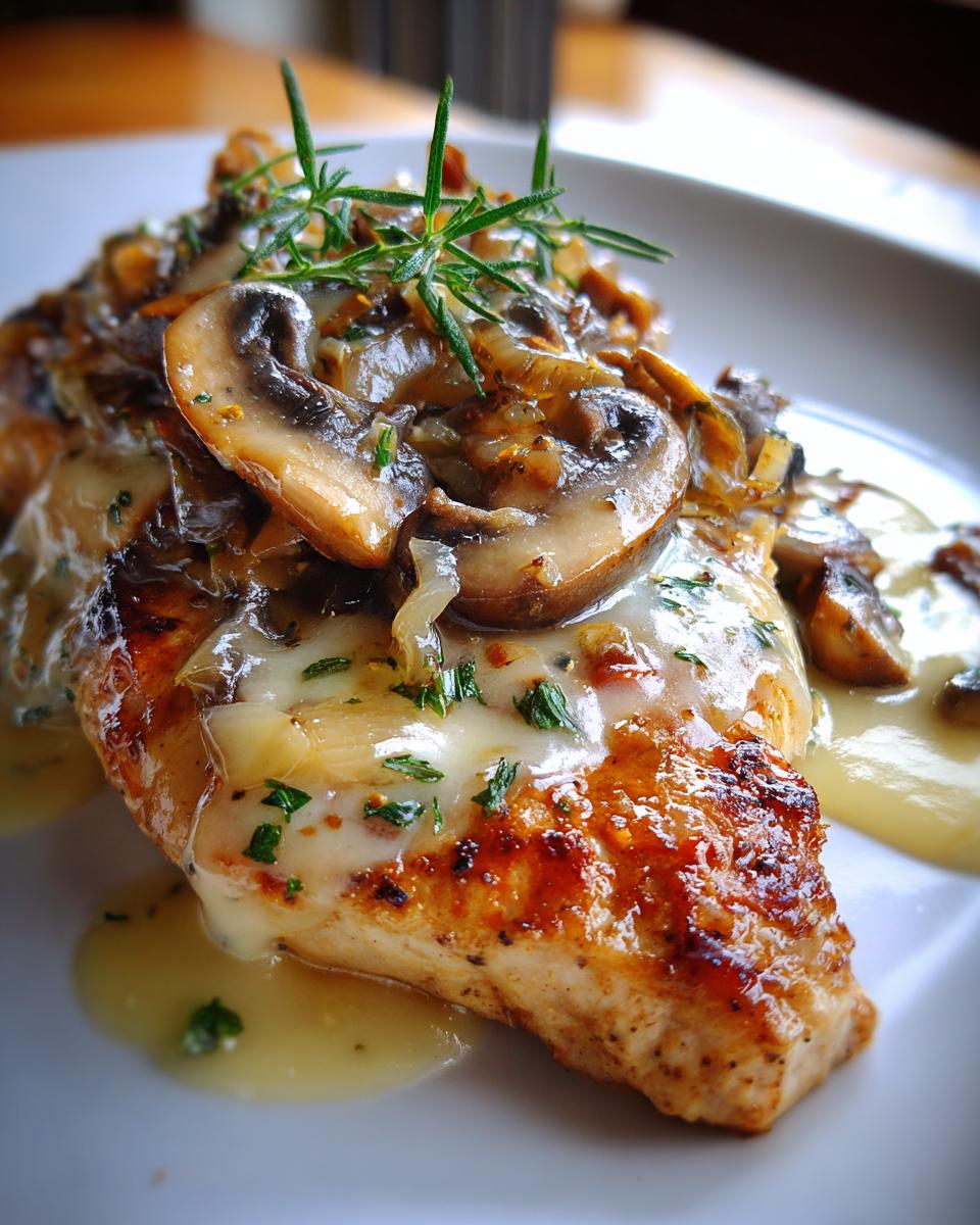 Close-up of grilled Texas Roadhouse smothered chicken topped with creamy mushroom sauce and rosemary.