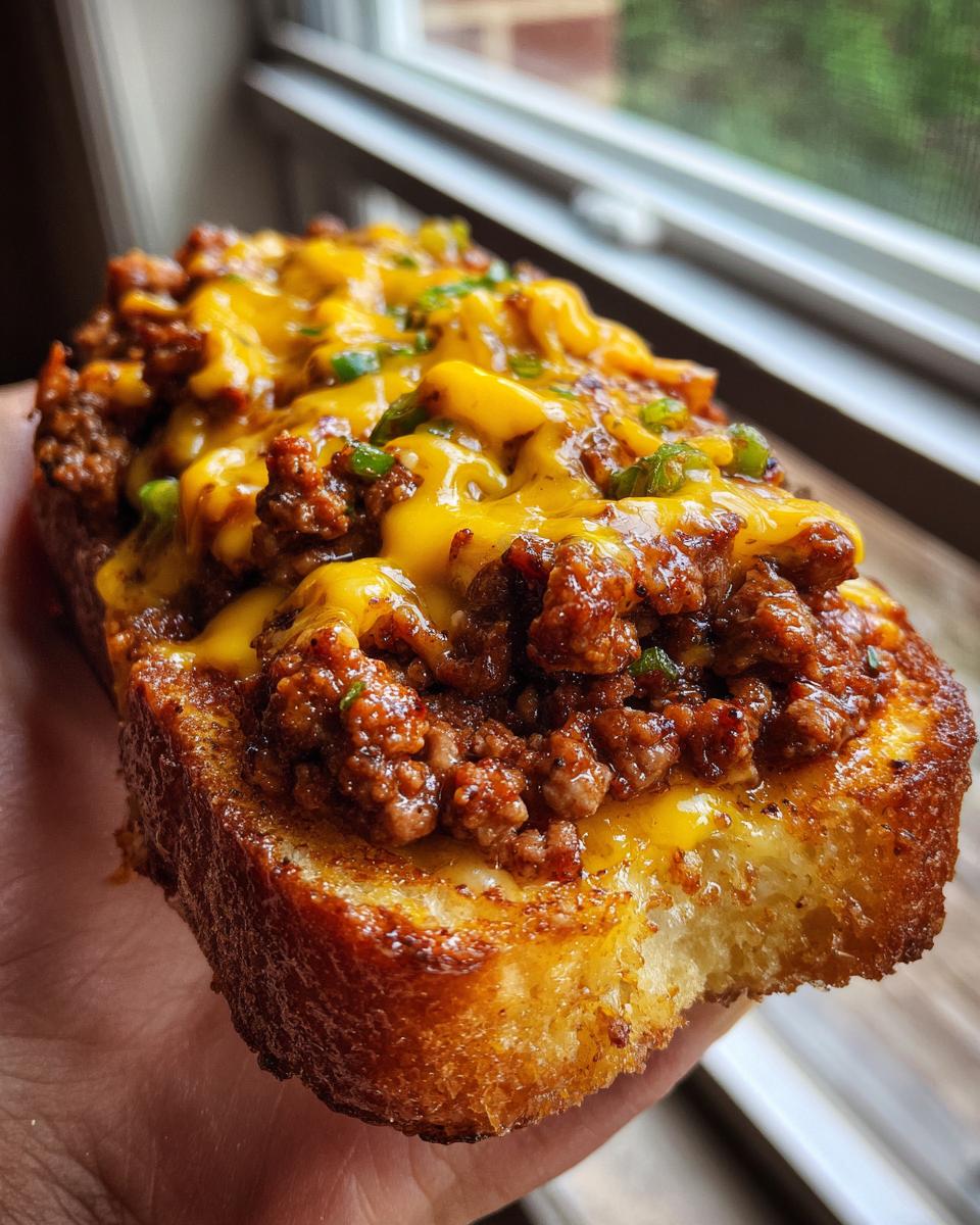A close-up of a thick slice of toasted Texas Toast topped with savory meat sauce and melted cheddar cheese, part of Texas Toast Sloppy Joes.