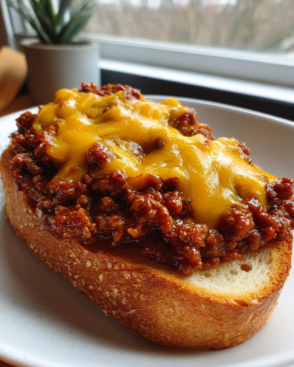 A close-up of Texas Toast Sloppy Joes topped with melted cheddar cheese on a white plate.