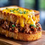 Close-up of a delicious Texas Toast Sloppy Joes sandwich topped with dripping melted cheddar cheese and parsley.