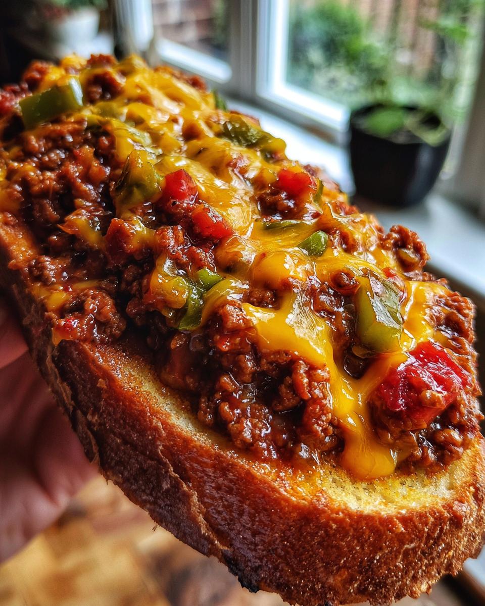 Close-up of a thick slice of Texas Toast Sloppy Joes topped with savory meat mixture, peppers, and melted cheddar cheese.