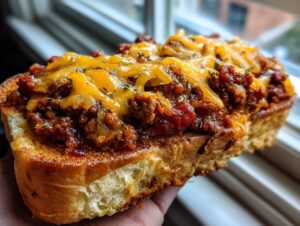 A thick slice of toasted bread topped with savory meat sauce and melted cheddar cheese, representing Texas Toast Sloppy Joes.