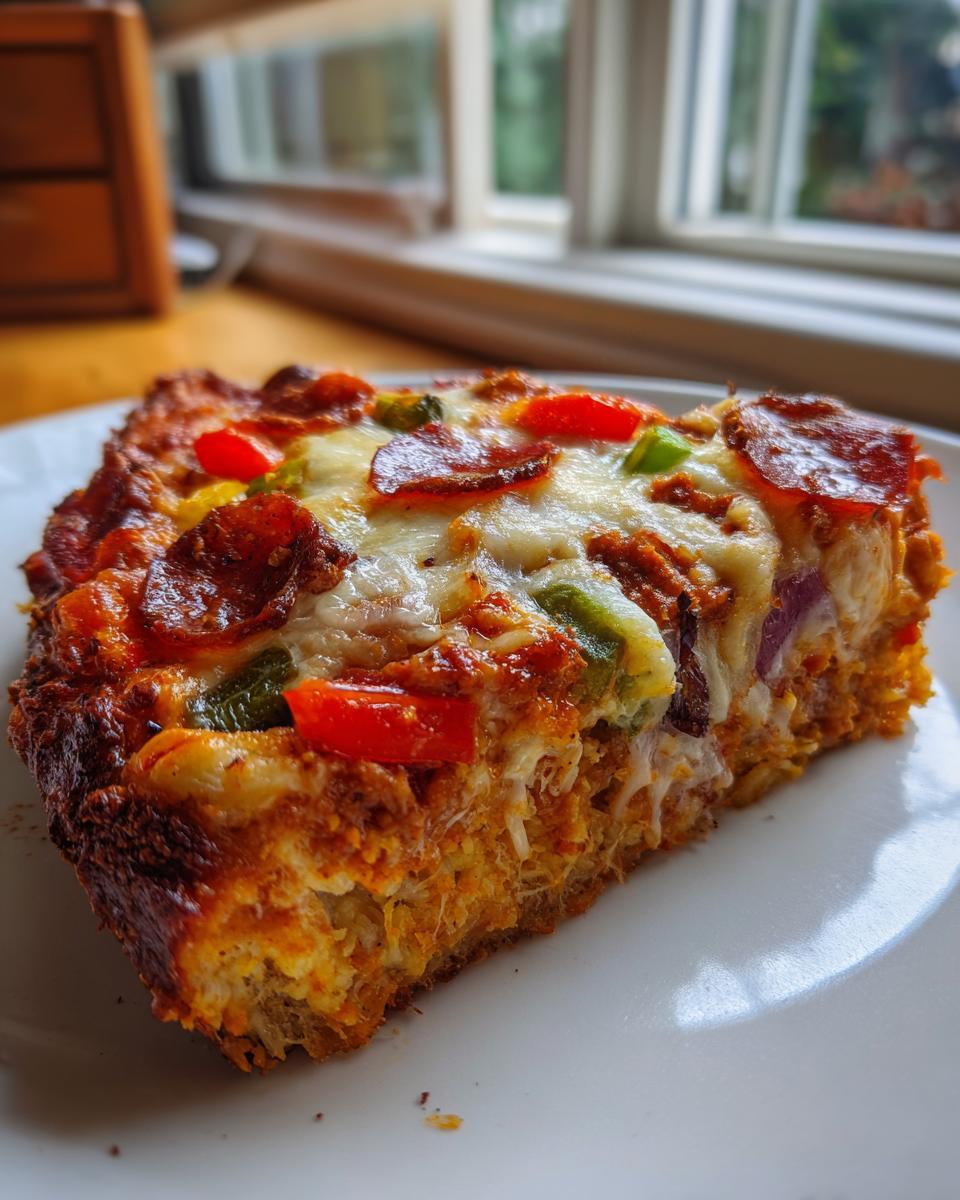 A thick, square slice of chicken crust pizza topped with melted cheese, pepperoni, and bell peppers.