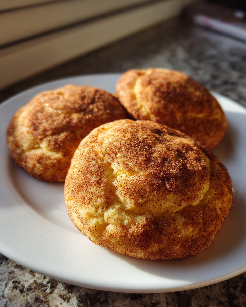 Three freshly baked snickerdoodles covered in cinnamon sugar resting on a white plate.