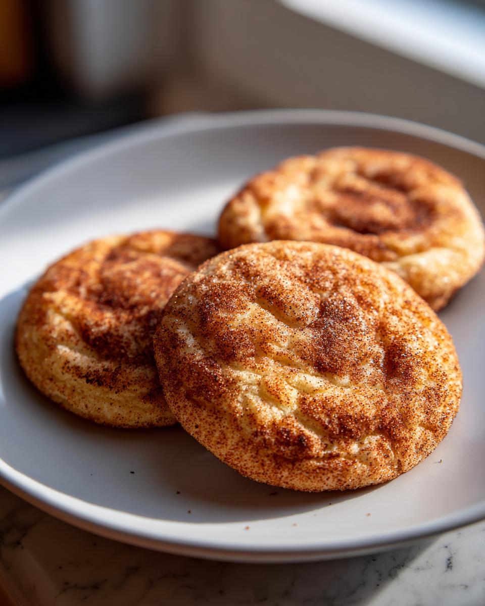 Three freshly baked snickerdoodles generously coated in cinnamon sugar resting on a light gray plate.