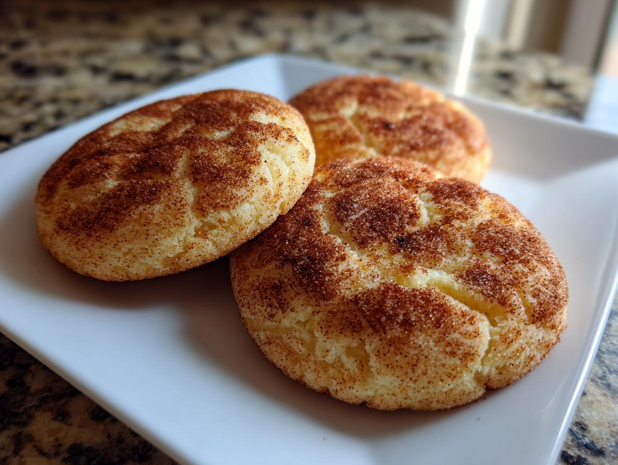 Three freshly baked snickerdoodles coated in cinnamon sugar resting on a white square plate.