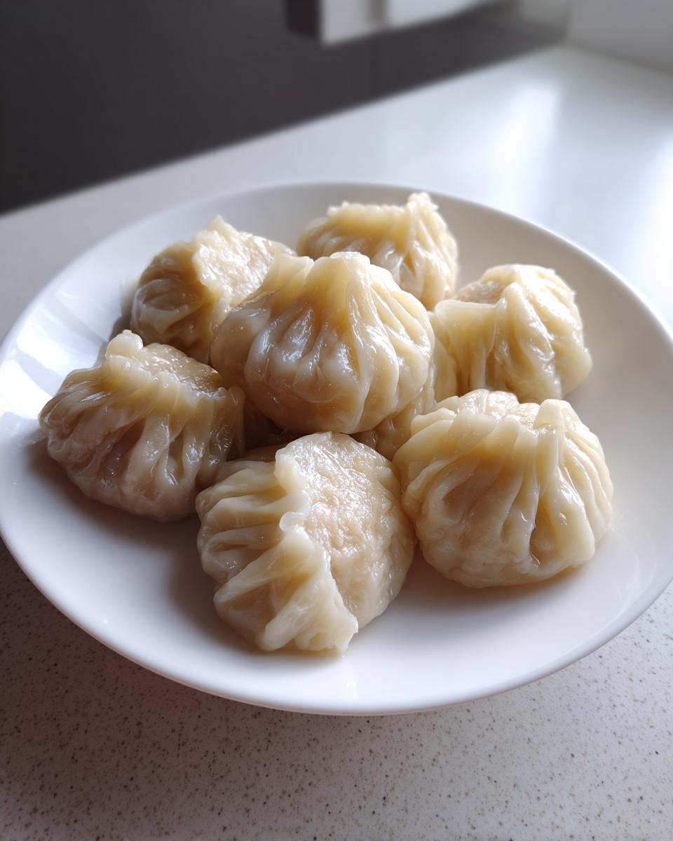 A close-up of seven freshly steamed Traditional Chinese Dumplings arranged on a white plate.