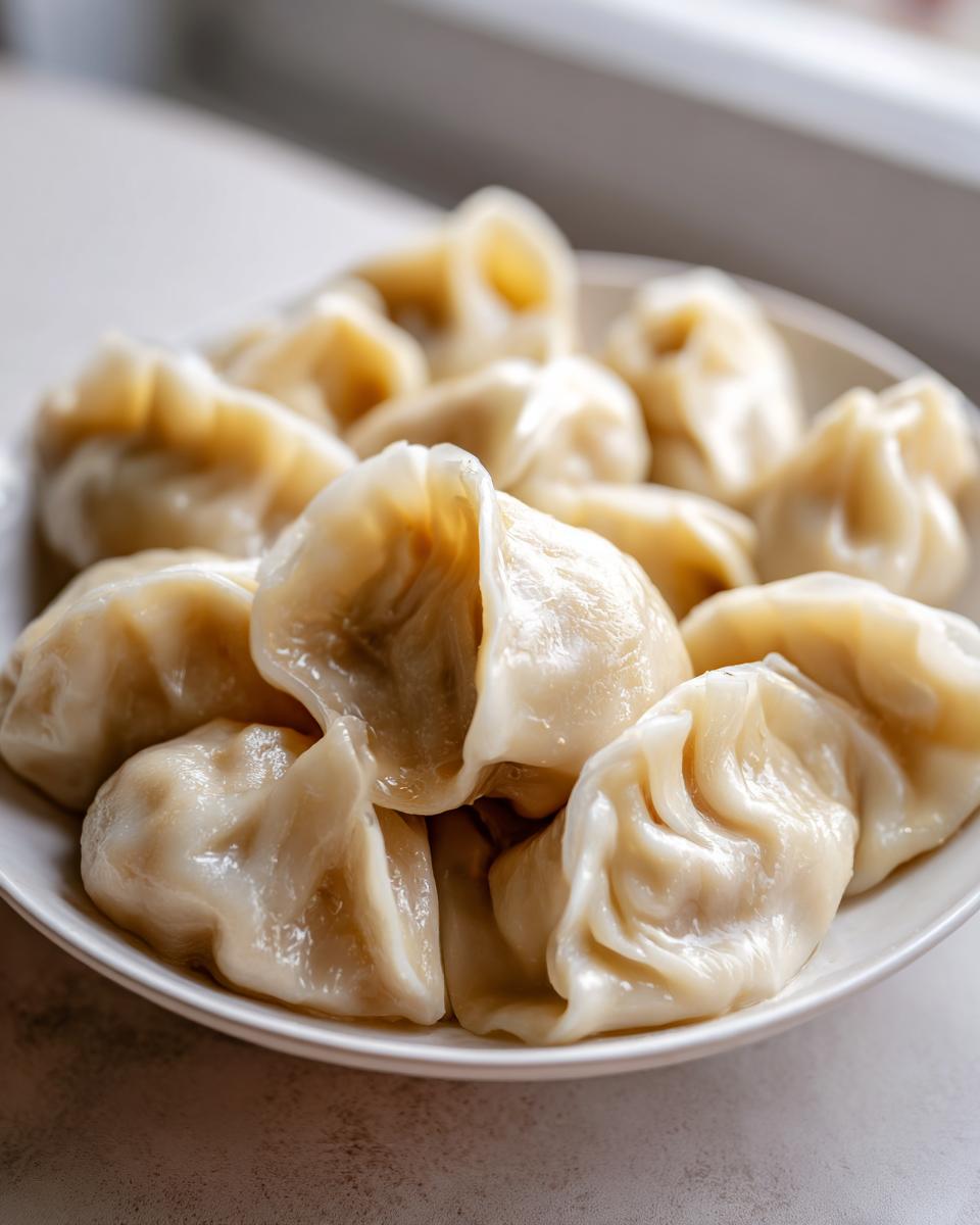 A close-up of a white plate piled high with freshly steamed Traditional Chinese Dumplings.