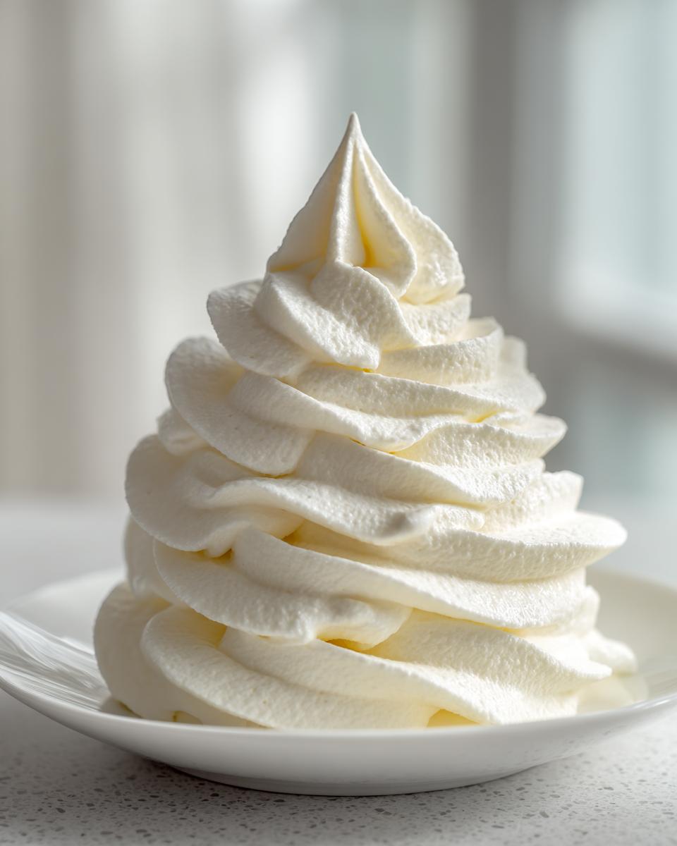 A tall, perfectly piped swirl of creamy white vanilla buttercream frosting on a small white dish.