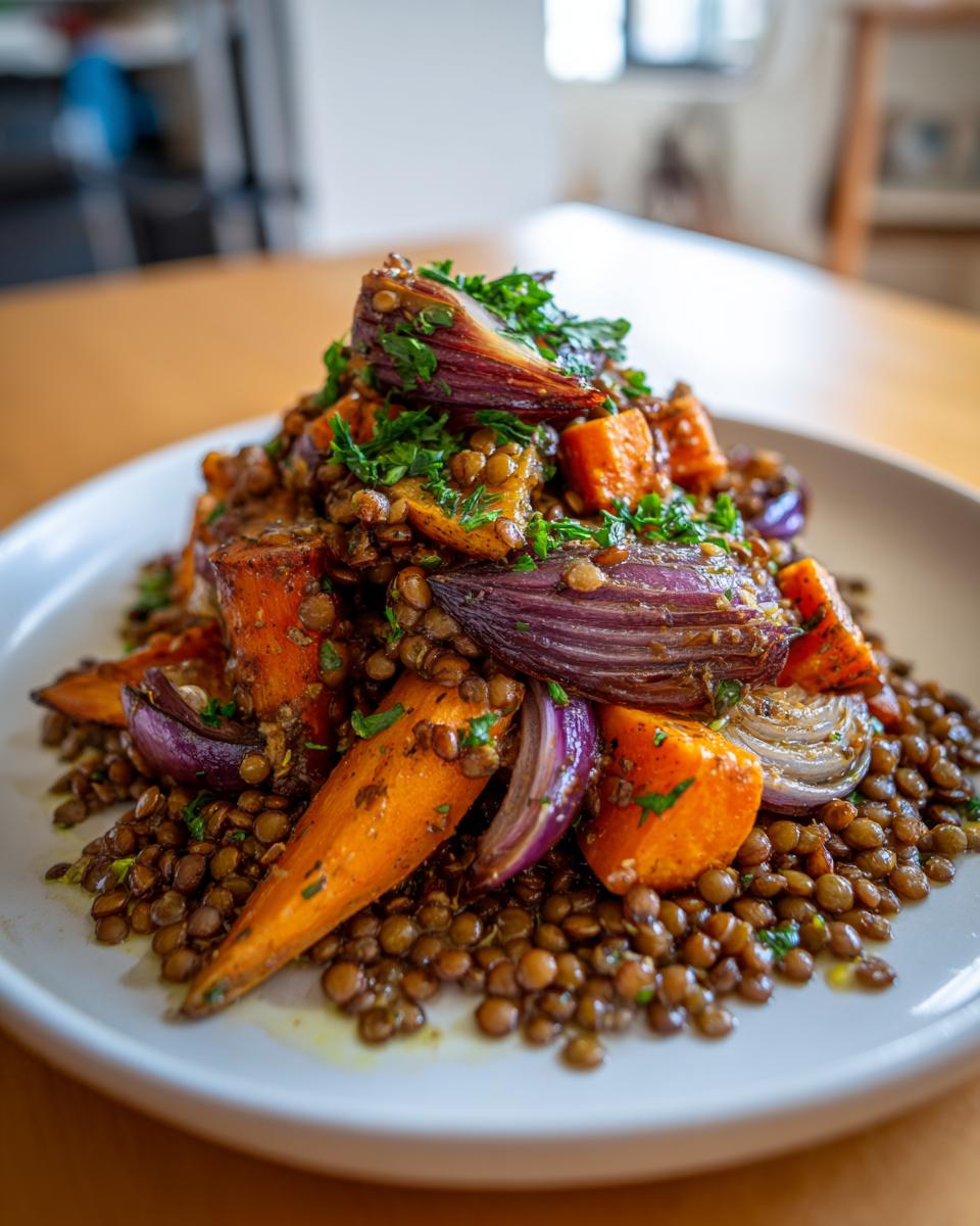 A close-up of a serving of veggie lentil salad topped with roasted carrots and red onion wedges, garnished with parsley.