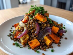 A featured serving of veggie lentil salad featuring brown lentils, roasted orange squash, and purple onion wedges, topped with parsley.
