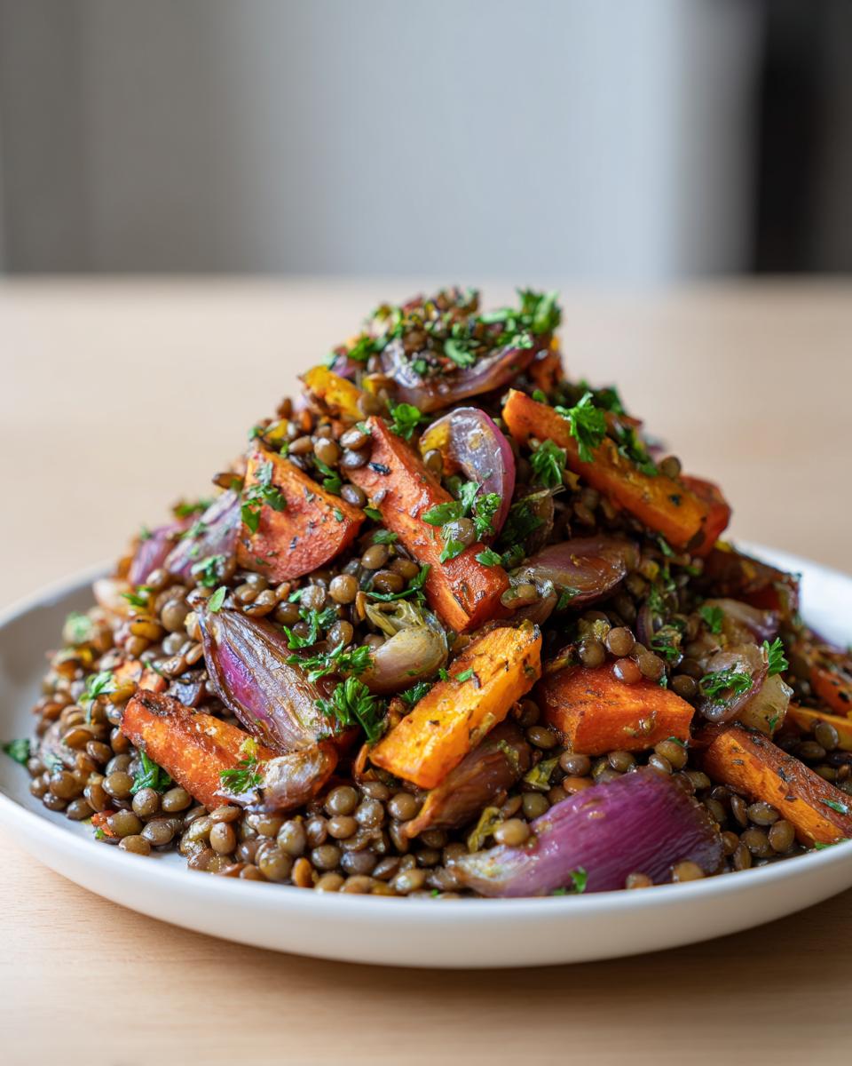 A mound of warm veggie lentil salad featuring brown lentils, roasted sweet potatoes, and purple onions, topped with fresh parsley.
