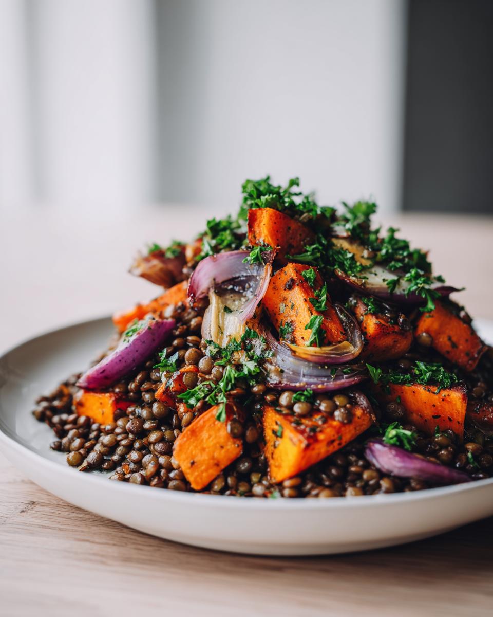 A vibrant veggie lentil salad featuring brown lentils topped with roasted sweet potato chunks, red onion wedges, and fresh parsley.