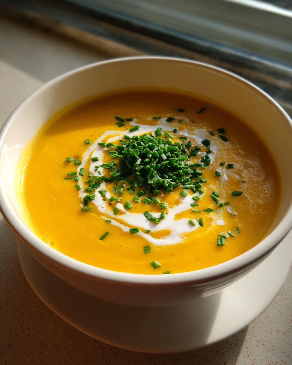 A close-up of a vibrant orange cheese soup topped with a swirl of cream and fresh chopped chives.