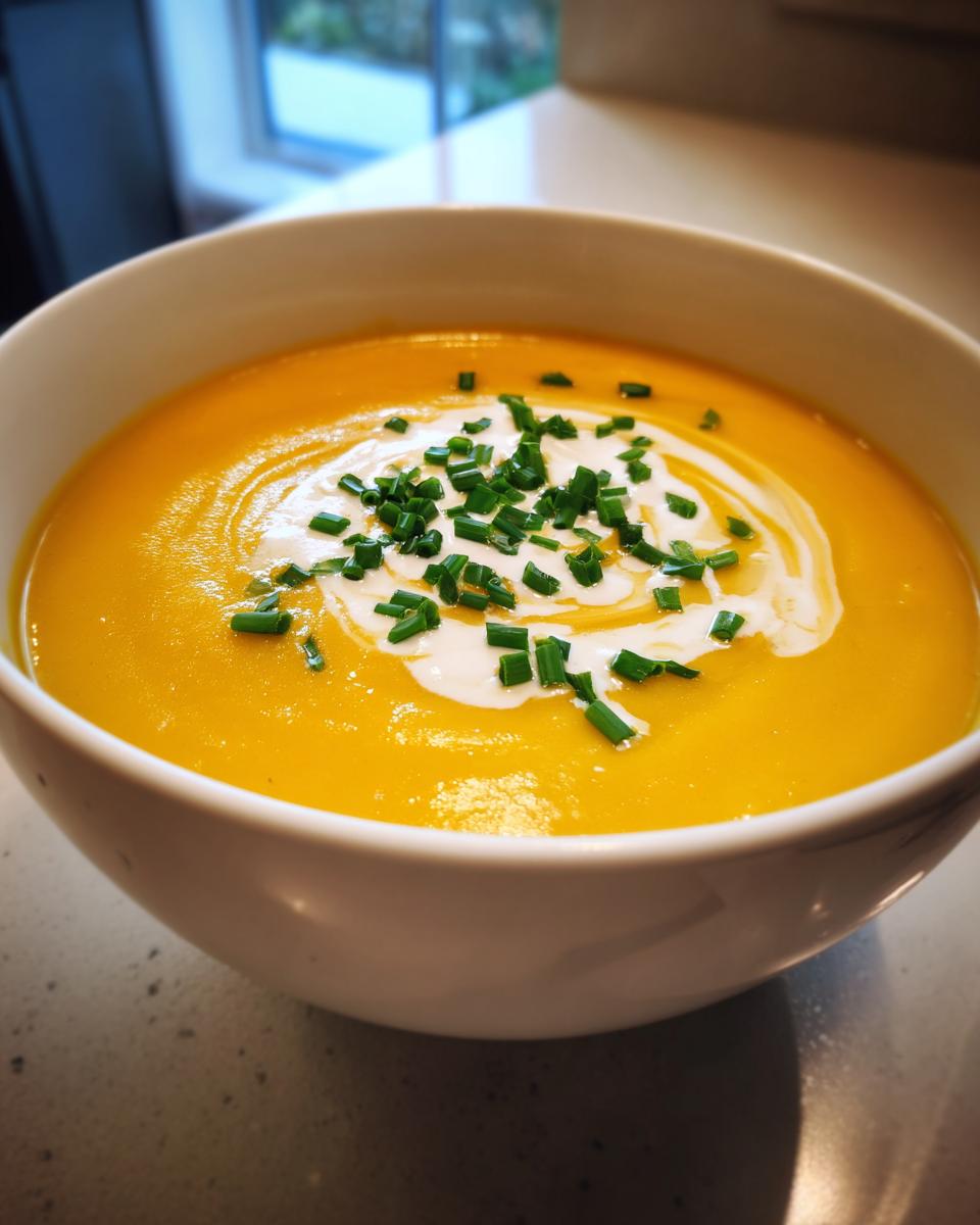 Close-up of a vibrant orange cheese soup in a white bowl, garnished with a swirl of cream and fresh chopped chives.