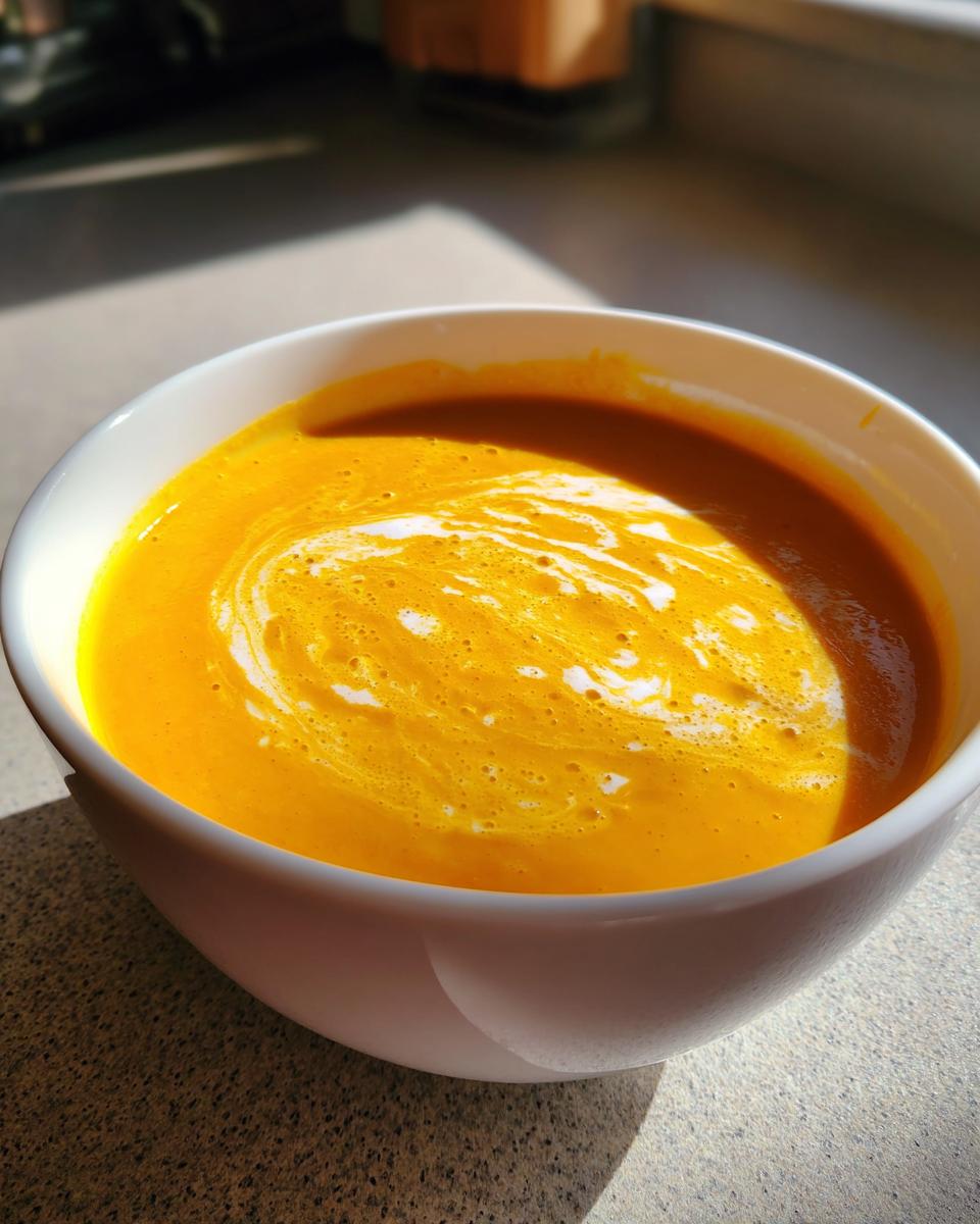 Close-up of a vibrant orange pumpkin soup in a white bowl, swirled with cream.