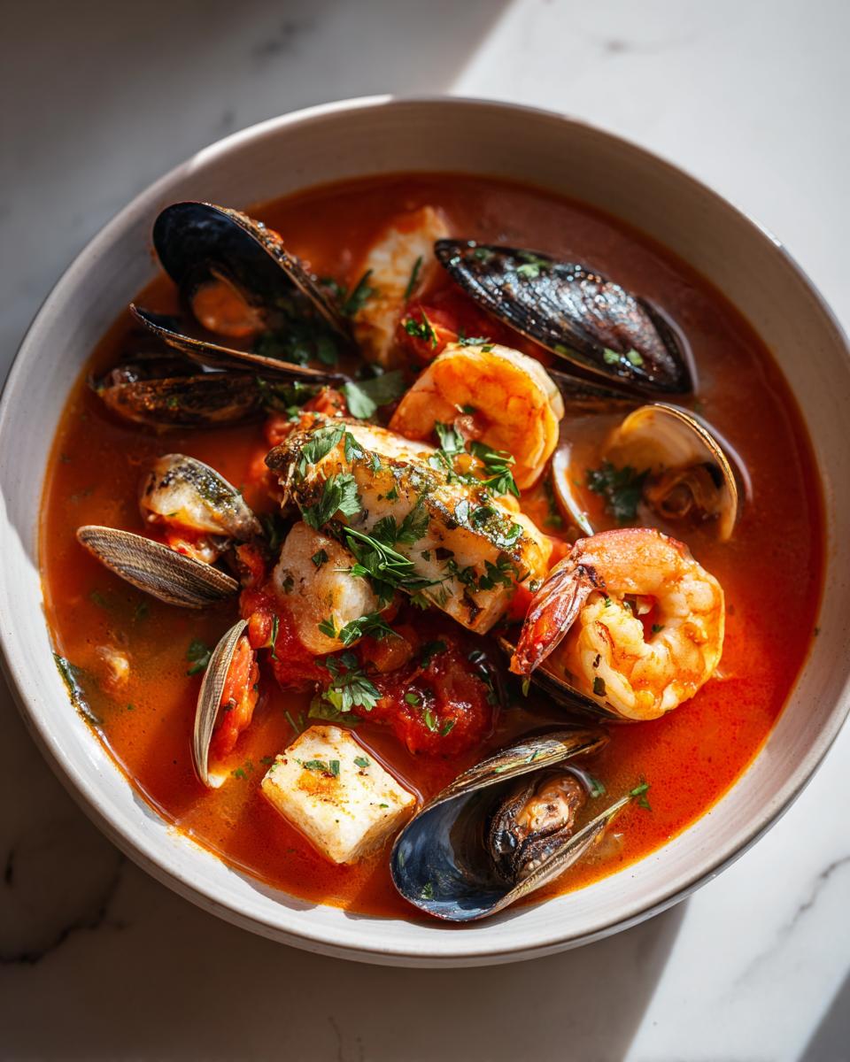 Close-up of a vibrant red seafood soup filled with mussels, shrimp, clams, and white fish, garnished with parsley.
