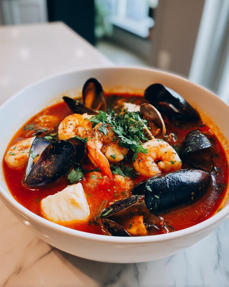 A vibrant bowl of seafood soup featuring mussels, shrimp, white fish, and fresh parsley in a rich tomato broth.