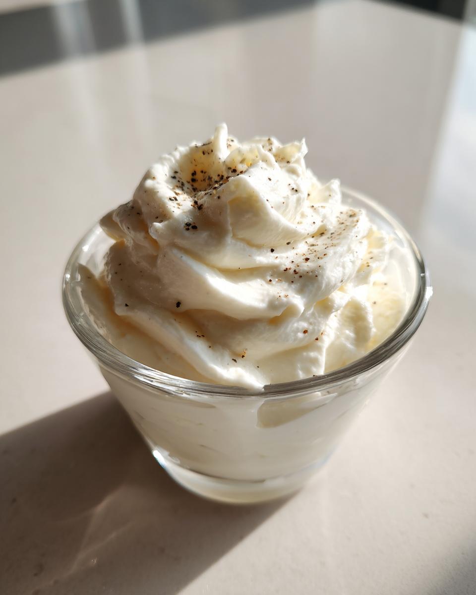 Close-up of a small glass filled with fluffy, white garlic sauce topped with cracked black pepper.