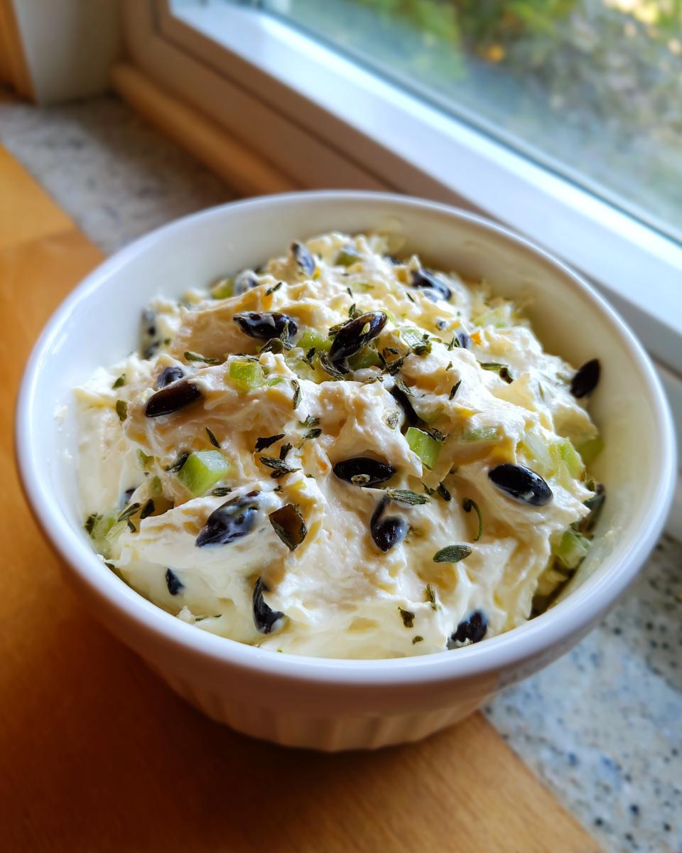 A white bowl filled with creamy, homemade olive dip, garnished with black olives and herbs.