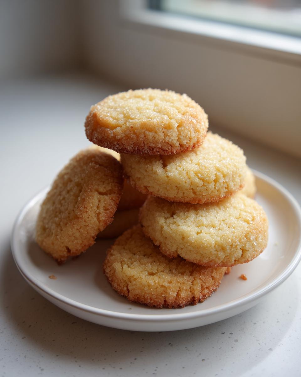 A small stack of golden 3-ingredient butter cookies coated in sparkling sugar, resting on a white plate.