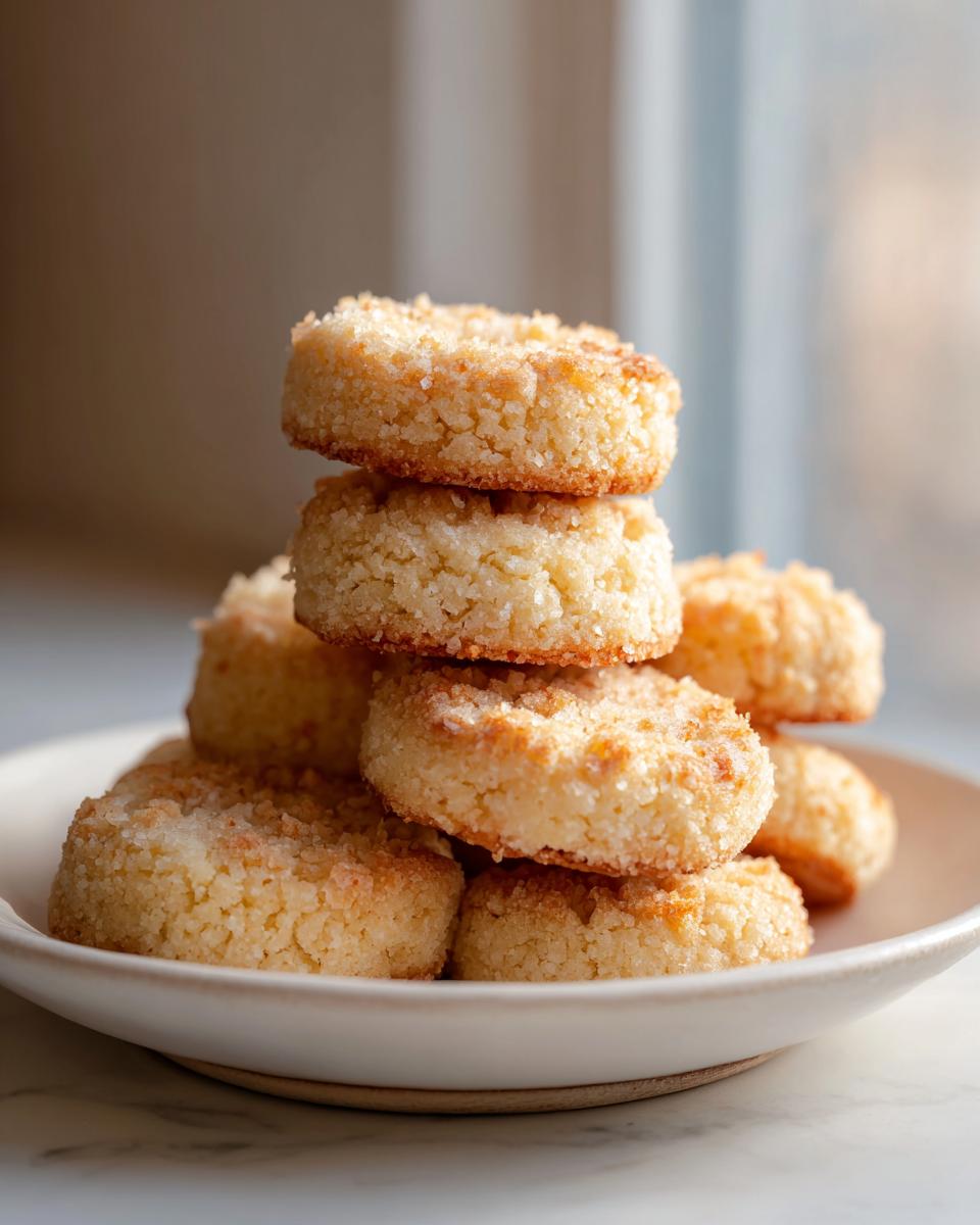 A stack of golden 3-ingredient butter cookies, lightly coated in sugar, served on a small white plate.