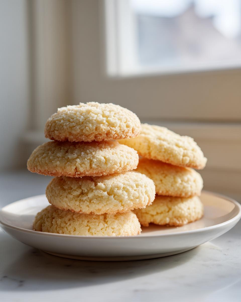 A stack of golden, crumbly 3-ingredient butter cookies resting on a small white plate near a window.