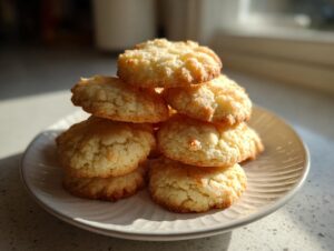 A stack of golden brown 3-ingredient butter cookies piled on a small white plate, highlighted by bright sunlight.