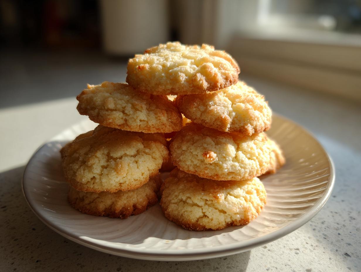 A stack of golden brown 3-ingredient butter cookies piled on a small white plate, highlighted by bright sunlight.