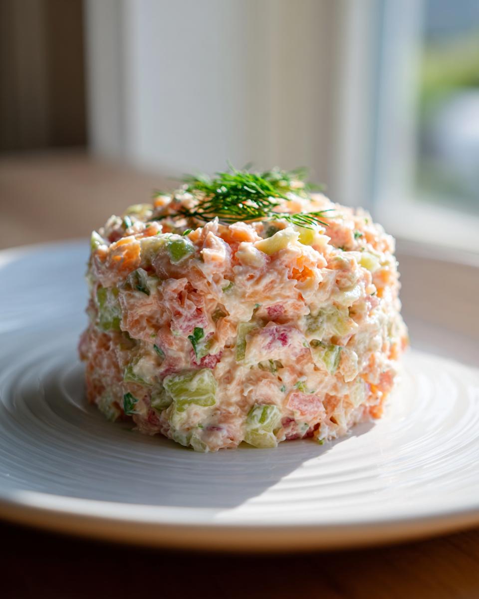 A perfectly molded tower of creamy salmon salad, garnished with fresh dill, served on a white plate.