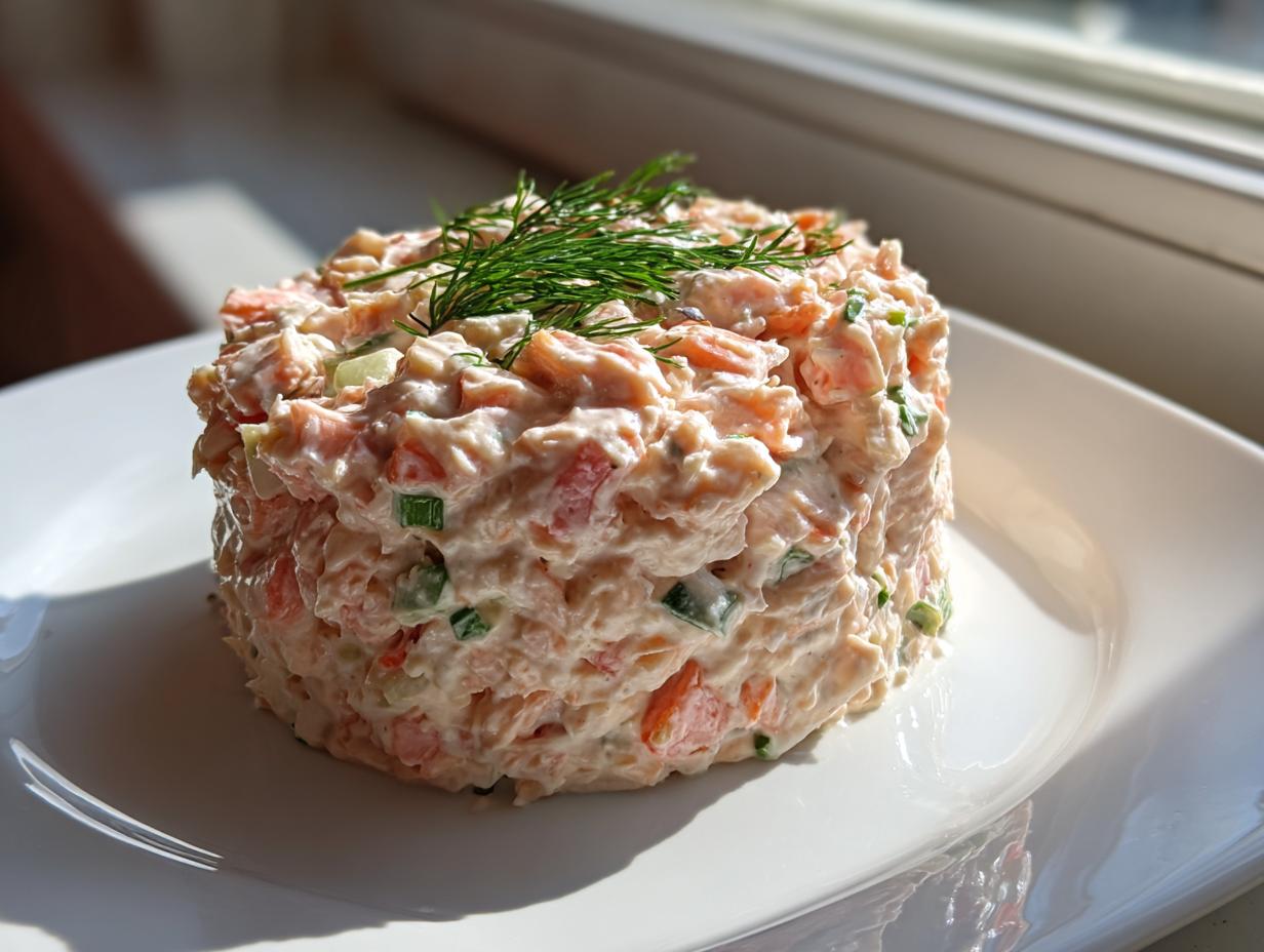 A perfectly molded serving of creamy salmon salad, garnished with fresh dill, sitting on a white plate.